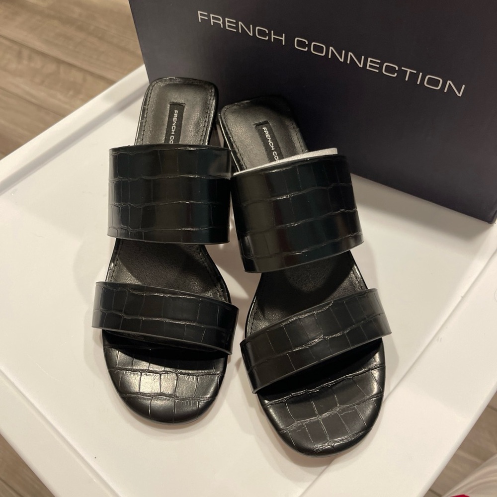 French Connection Black Croc-Embossed Double Strap Slides